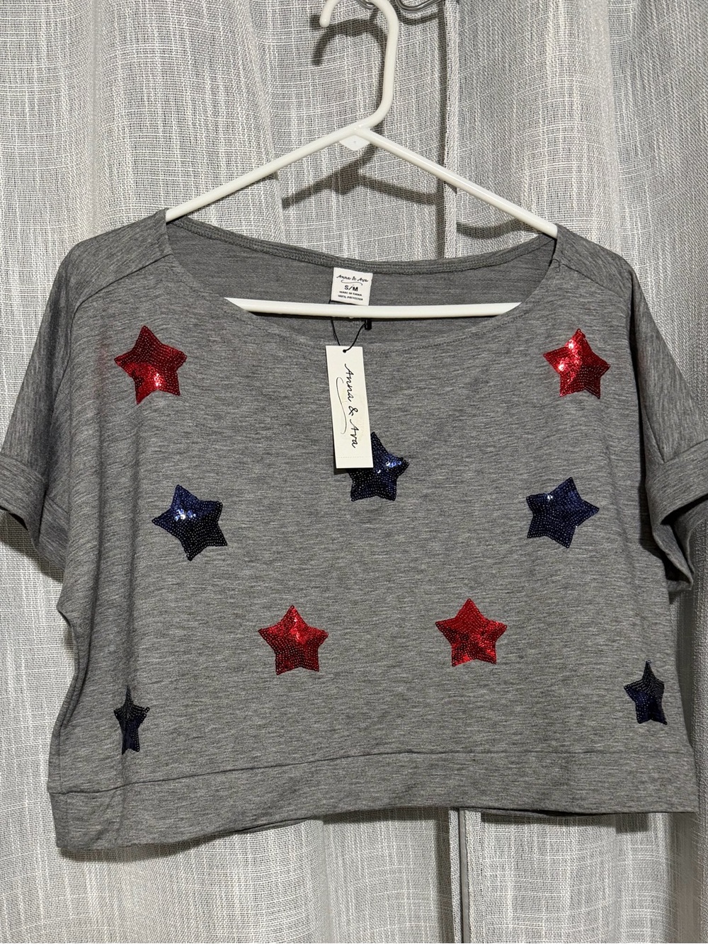 Anna & Ava Women’s Star Pearl Patriotic 4th Of July New Oversized Crop Top S/M